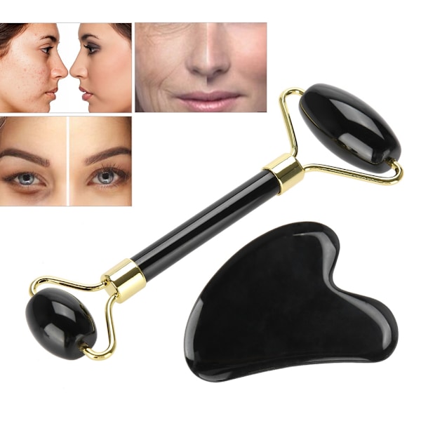2st set Natural Obsidian Double end Roller Massage & Skrapbräda Kit Massage Presentverktyg