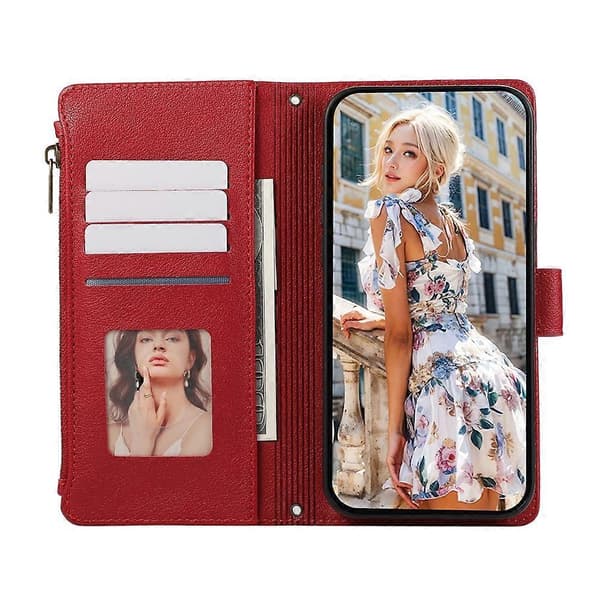 Compatible Case for Samsung Galaxy A56 5G, Multi-Slot, Zipper, Leather Case with Wrist Strap Red
