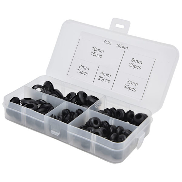 105st Grommet sortimentssats Gummi Elektriska packningsringar Ledningar VVS Skyddsspole