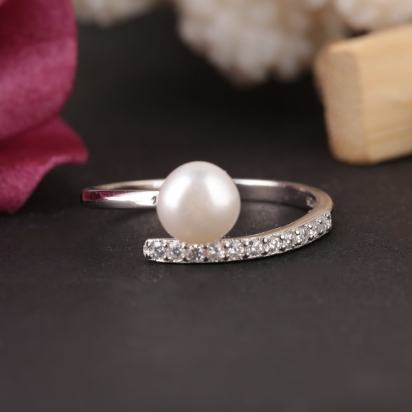 s925 Silver Simple Women Zircon Faux Pearl Justerbar öppningsring (US storlek 7)