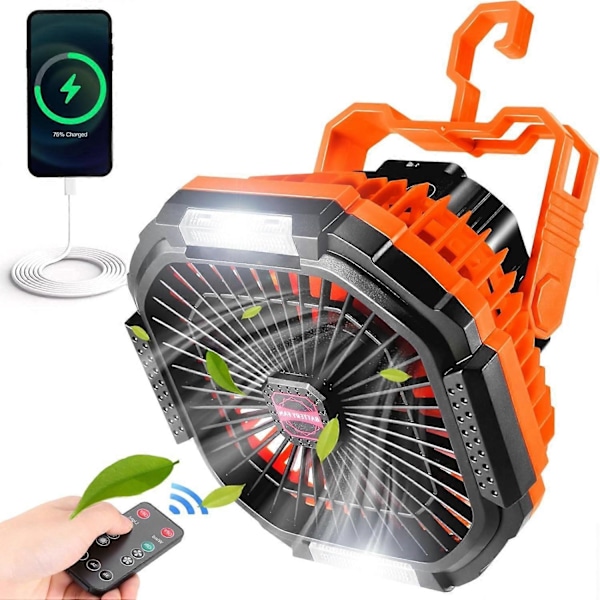 Bärbar Campingfläkt med LED-Lampa, 7800mAh Uppladdningsbar Batteridriven Fläktlykta med Krok & Fjärrkontroll, USB-Fläkt för Tält Husbil Orkan Strömavbrott Nödsituationer