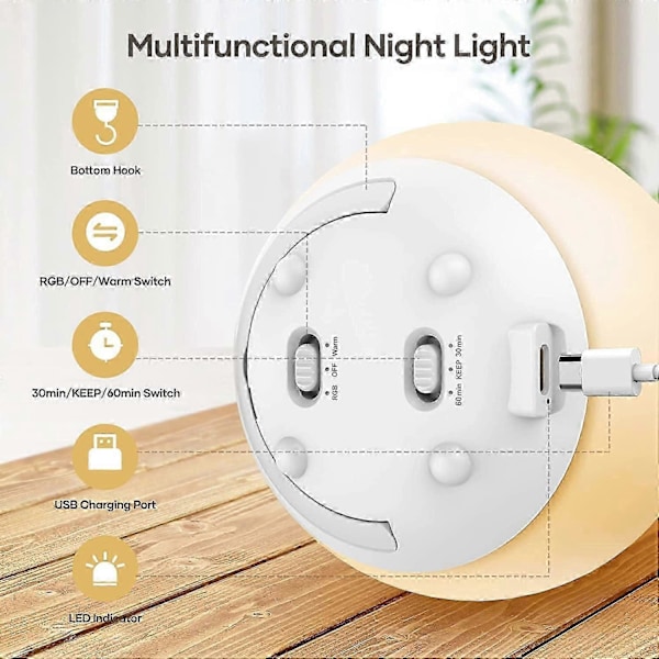 Børne Natlampe, USB Genopladelig Sengelampe, Baby Natlampe med Gradient Dæmpbar Varmt Lys og 7 Farvelys_SZXM
