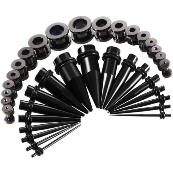 Set med 36 stretch öronproppar (svarta) Metall 18 stretch öronproppar + 18 rostfria dubbla bågade kötthål 1,6 mm - 10 mm