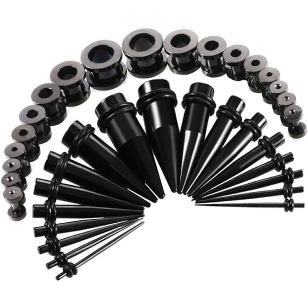 Sett med 36 strekk-ørepropper (svarte) Metall 18 strekk-ørepropper + 18 doble hull i rustfritt stål 1,6 mm - 10 mm
