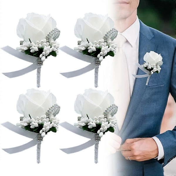 2025 Egnet 4 stk. Bryllupsknapphullsblomst Hvit Rose, Rose Knapphullsblomst Håndlaget Bryllupshåndleddsblomst Corsage
