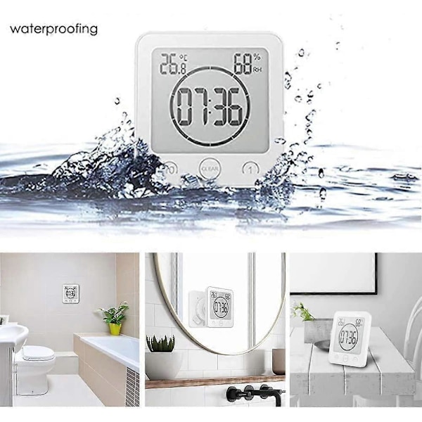 Vit Badrumsklocka, Vattentät Touchkontroll Duschklocka, LCD Digital Alarm, Hygrometer Termometer, Nedräkningstimer, Batteridriven, för Kök