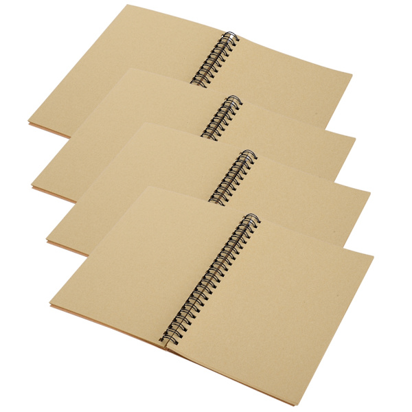 4 stk. Kraftpapir Skitsebog Retro Skitseblok Håndmalet Tyk Kunst Tegneblok Spiral Notebook