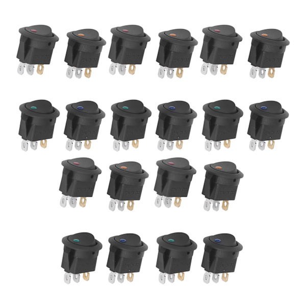 20 stk 12V rund vippekontakt LED lys 3 ben 2 niveau vippe SPST Blå Grøn Gul Rød KCD1