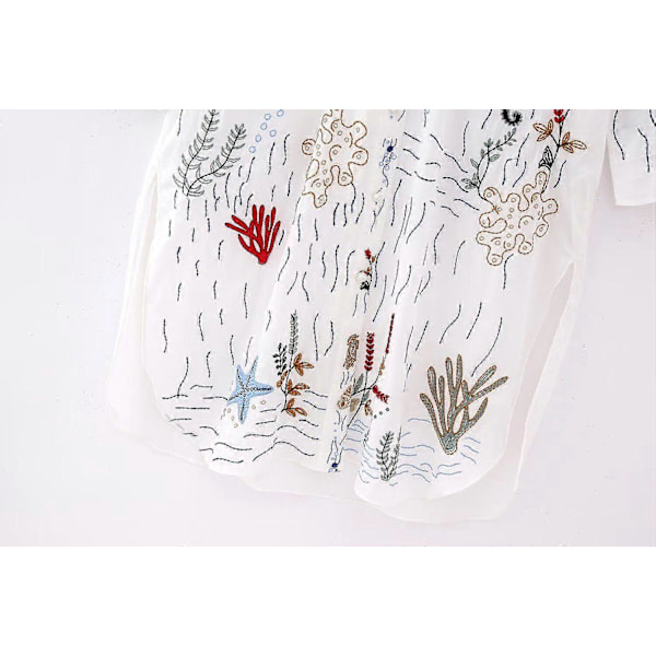 Dame Mode Broderet Lang Bluse Blød Talje V-Hals Enkelte Knapper Side Drapering Afslappet Sommer Polyester EUL