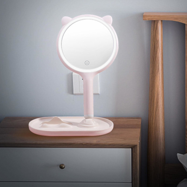 2 x LED-belyst sminkspegel för skrivbord, handhållen, dimbar, toalettbord, badrum, rosa