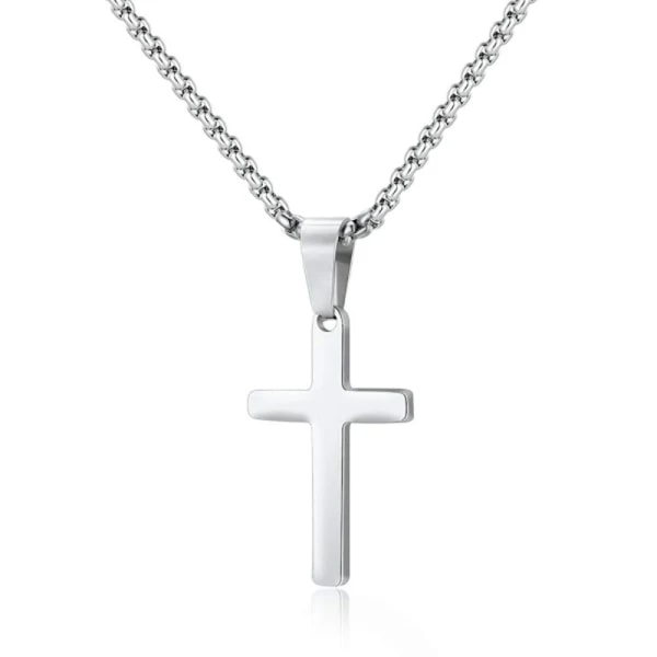 Kors halskæde til mænd, almindeligt sølv rustfrit stål korsvedhæng halskæde Simple smykkegaver, 22 tommer kæde