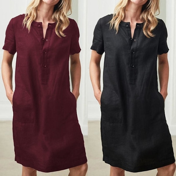 Bomuld og Hør Løstsiddende Tunika Kjole - Kvinders Knælang XL Kaftan (Khaki)