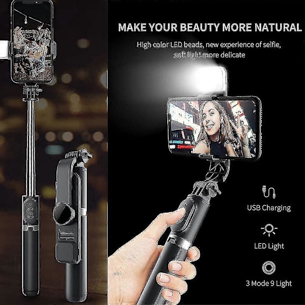 Selfie Stick Tripod, Bærbar Udtrækkelig 3 I 1 Rustfrit Stål Telefon Tripod_SZXM