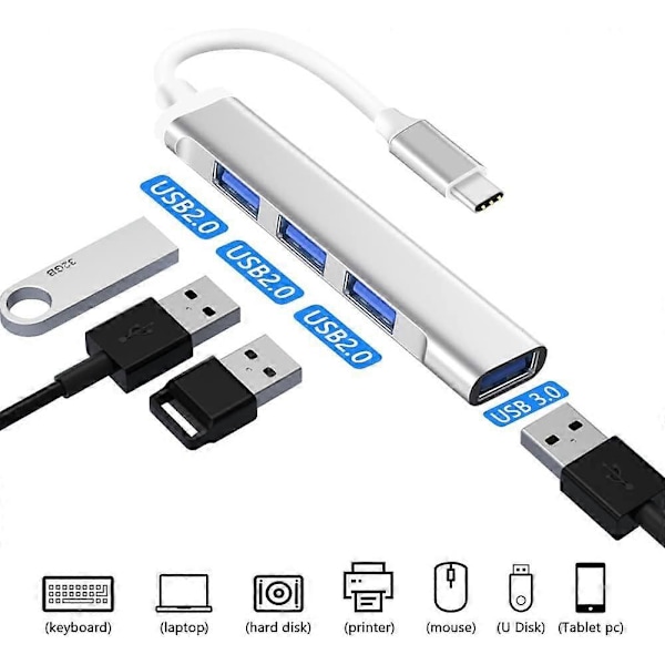 Pistorasiajakaja-adapteri, jossa 1 Type C -keskitin ja 4 USB-porttia, suojattu pistorasia-adapteri kodinkoneille, iPhonelle, älypuhelimelle, tabletille