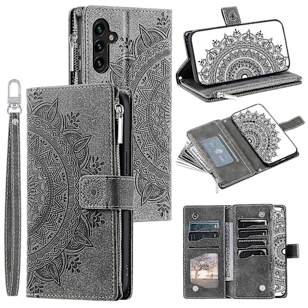 Til Samsung Galaxy A54 5G PU Læder Mandala Blomst Præget Håndtaske Lynlåslomme Etui Stativ Flere Kort Slots Flip Cover med Rem-B6 Grå
