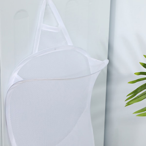 Sammenleggbar vaskepose Sammenleggbar vaskekurv Stor skittentøyskurv Mesh Veggmontert for bad med krok White Mesh
