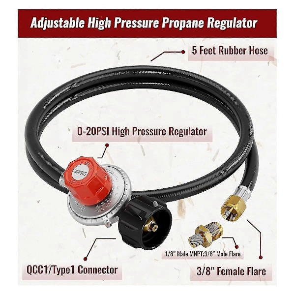 5FT Høytrykks Propan Regulator Slange, 0-20PSI Justerbar Propan Tank Regulator, QCC1 & 3/8In F