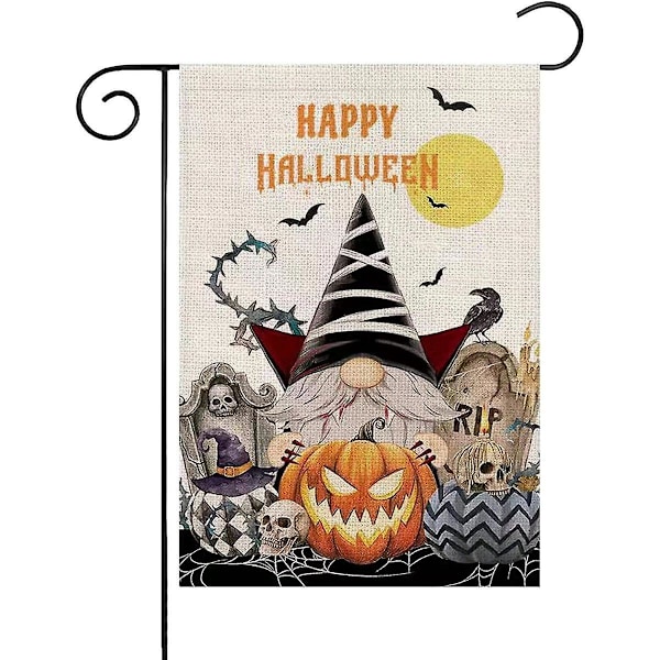 Halloween Garden Flag - Vampire Gnome Pumpkins, Double Sided Burlap, 12" X 18" - Festive Yard Decor