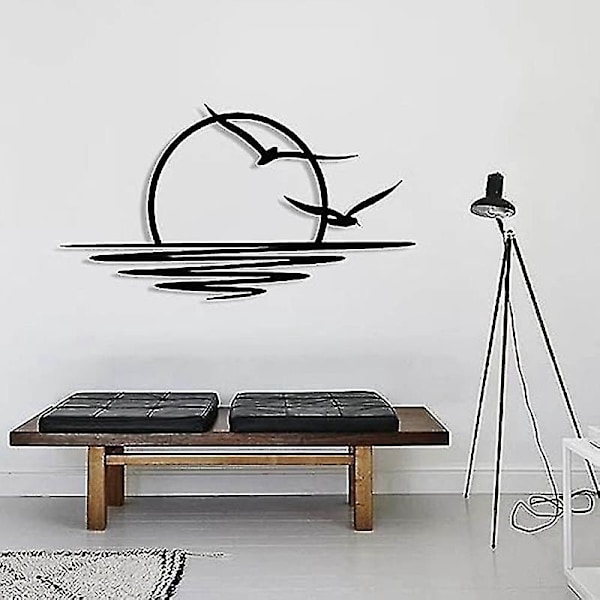 Soluppgång Metall Väggkonst, Sol Och Måsar Väggdekor, Metall Väggdekor, Abstrakt Solnedgång Heminredning, Minimalistisk Linjekonst-B7