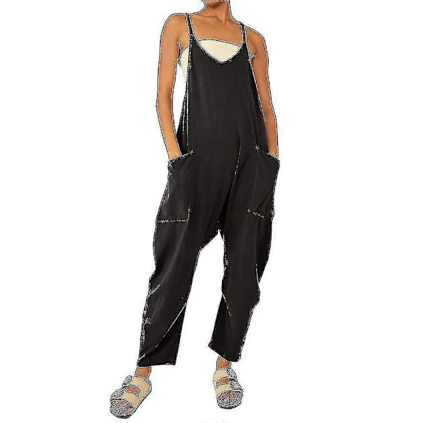 Dame Casual Oversized Overalls Harem Lange Smækbukser Dungarees Baggy Jumpsuit Sort 3XL