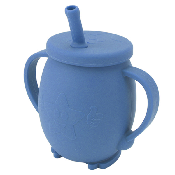 230 ml silikon treningskopper for småbarn med sugerørlokk, sklisikre håndtak, sølefri treningskopp for baby, småbarn, spedbarn, mørkeblå