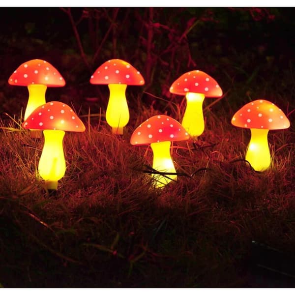 【6 Lights】Solar Powered Red Mushroom LED Warm White Outdoor Lighting Red