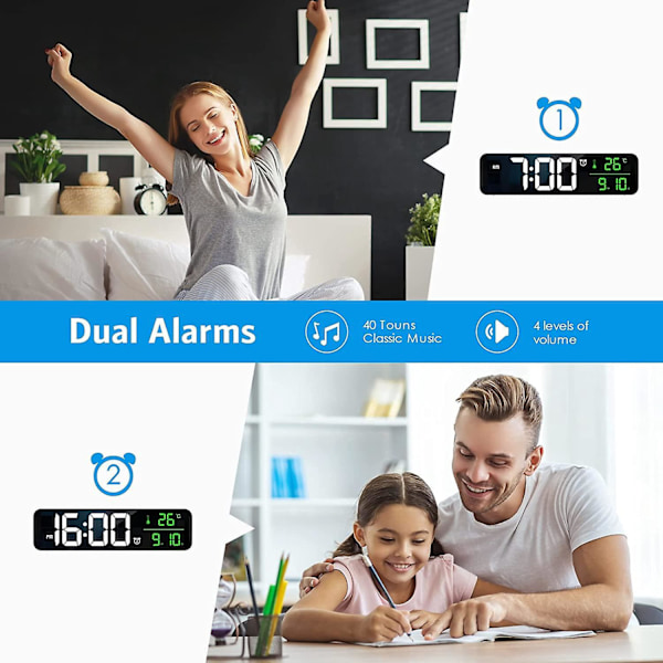 Stor Digital Klokke, Siste 10.5 Tommers Stue Digital Klokke, Temperatur- og Datovisningsklokke, LED Speilklokke, 40 Musikk, 2 Vekkerklokker,