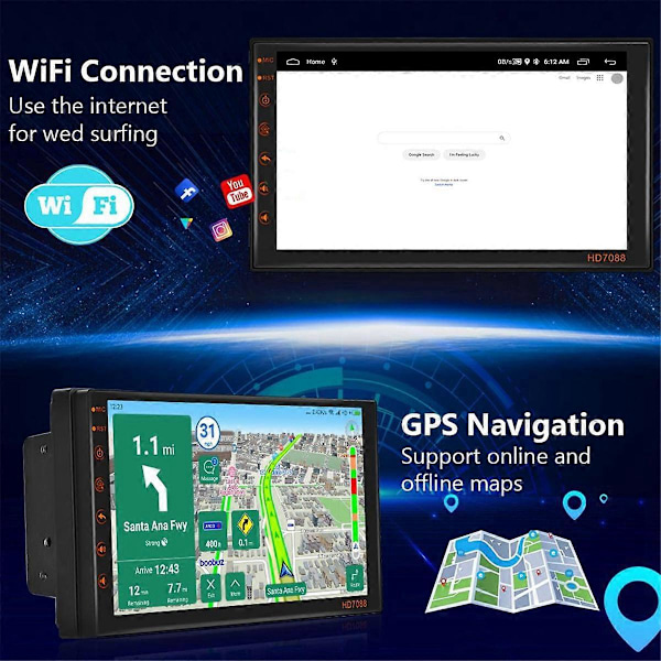Double Din Android 13 Bil Stereo 7 Tommer Touch Screen Bilradio