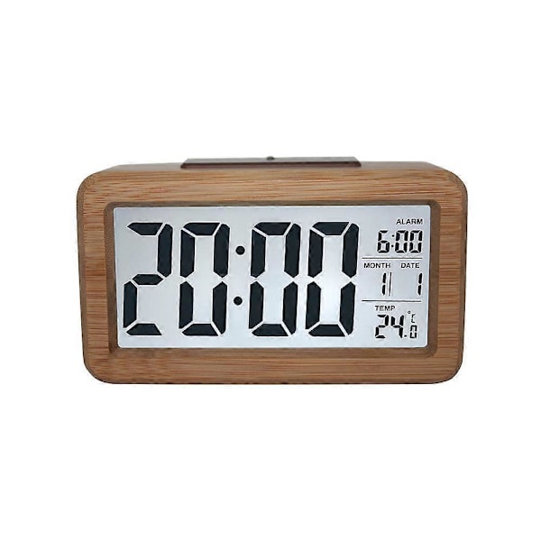 Digital Väckarklocka, Träväckarklocka med Stor LCD-bakgrundsbelyst Display, Temperatur, Snooze-funktion, Ljussensor, 3 AAA Batteridriven