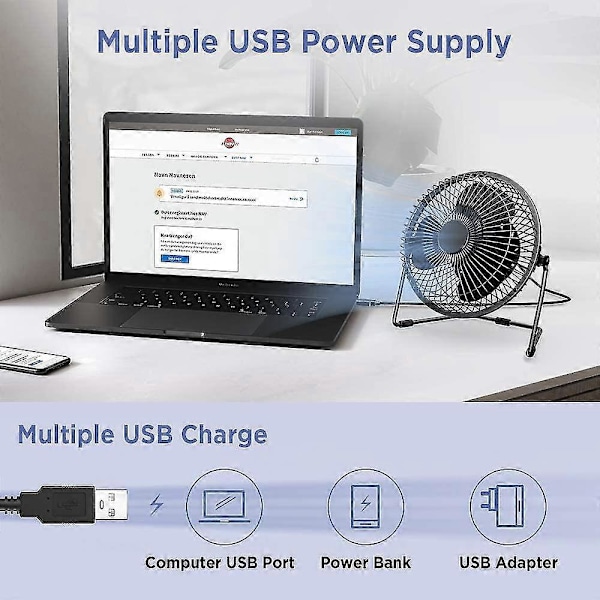 USB-pöytätuuletin 6 tuumaa, hiljainen pöytätuuletin, ilmakierrättäjä, 2 nopeutta, 360° kääntö