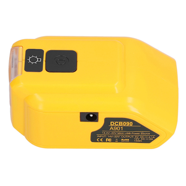 Batteriladeradapterkonverter LED-arbeidslys for 14V‑22V USB-lading DC12V-utgang DCB090 med 12VDC-hull