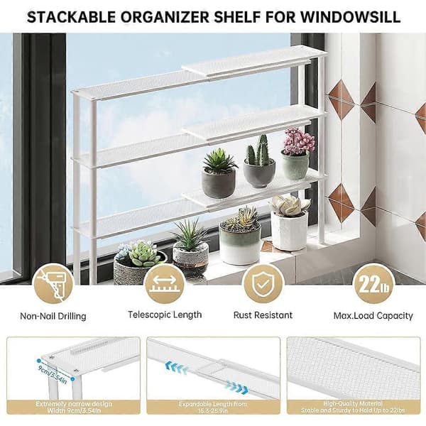 Expandable Window Shelf for Plants, Sink Organizer, Stackable Slim Shelves, Kitchen Counter