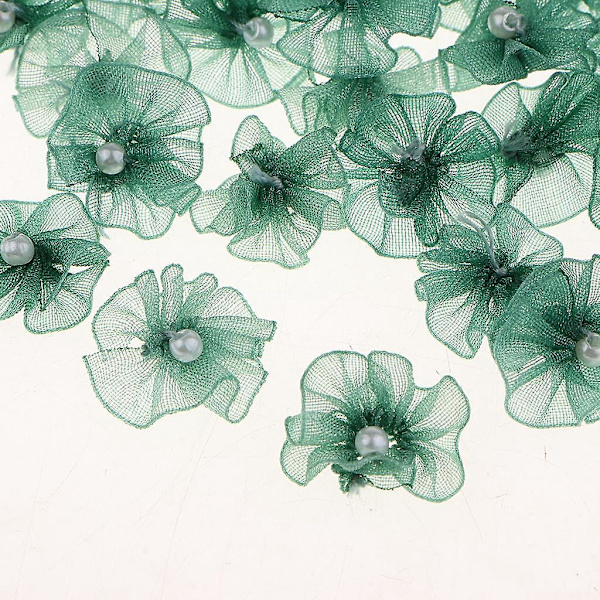 5 x 40 Chiffonblommor med Pärlplatta Baksida Knappar Dekoration DIY Hantverk Grön