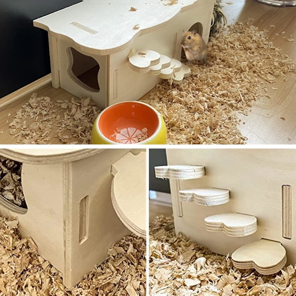 Træ Hamsterhus Gnaverbur Tilbehør til Dværghamster Marsvin Rotte Gerbil Gnaver, Hamsterhus Legetøj Hamster Marsvin Hytte, L (2 Værelser)