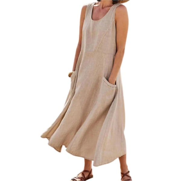 Boho Style Women's Sleeveless Linen Dress with Pockets, Beach Tank Dress - Khaki-L