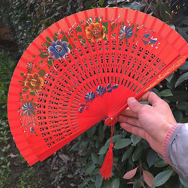 Blomsterdesign Spansk Foldbar Fan til Kvinder - Dobbeltsidet, Gypsy Stil Håndfan til Dans, Festivaler og Gaver (Rød)
