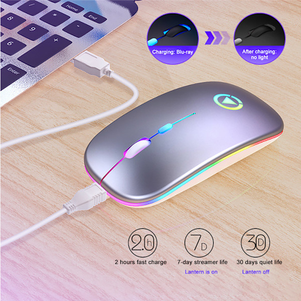 Genopladelig mus trådløs lydløs LED-baggrundsbelyst mus USB optisk ergonomisk gamingmus PC-computermus