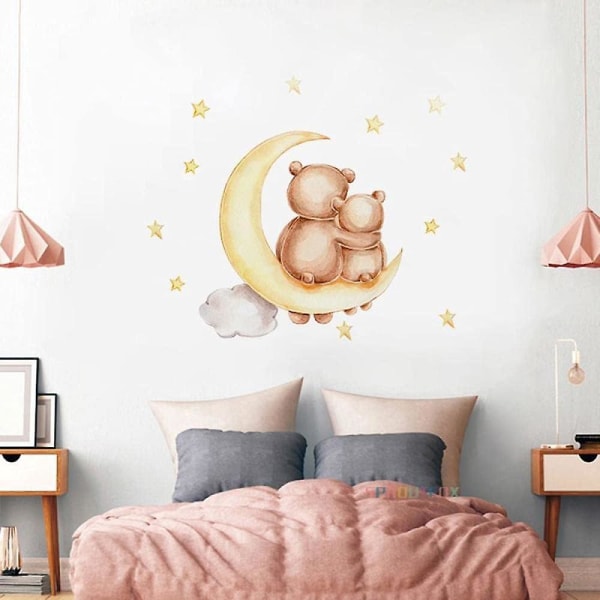 Animal Bear Vægmærkat til Baby Boys Soveværelse, Moon Wall Sticker, Cute Home Decoration