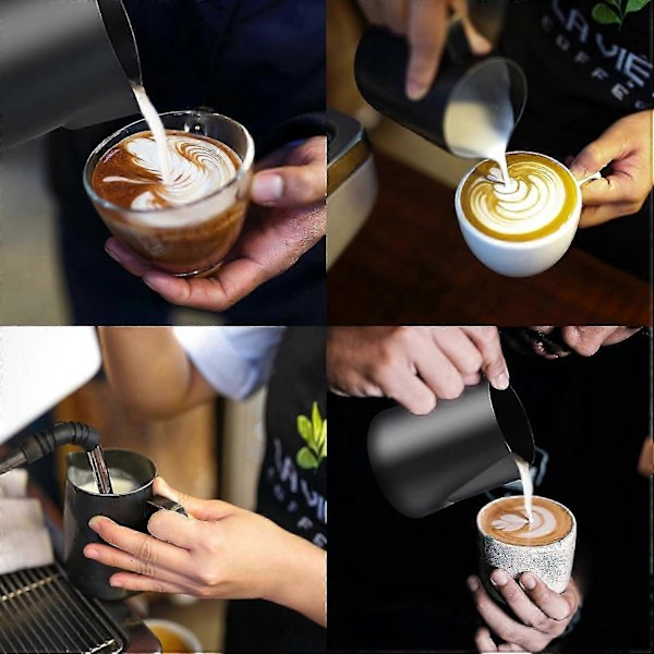 Sort Mælkekande Barista Kaffekande, Metalkande til Mælkeskumning, Rustfri Stål Mælkekande til kaffe - 350 ml (12 oz)_SZXM
