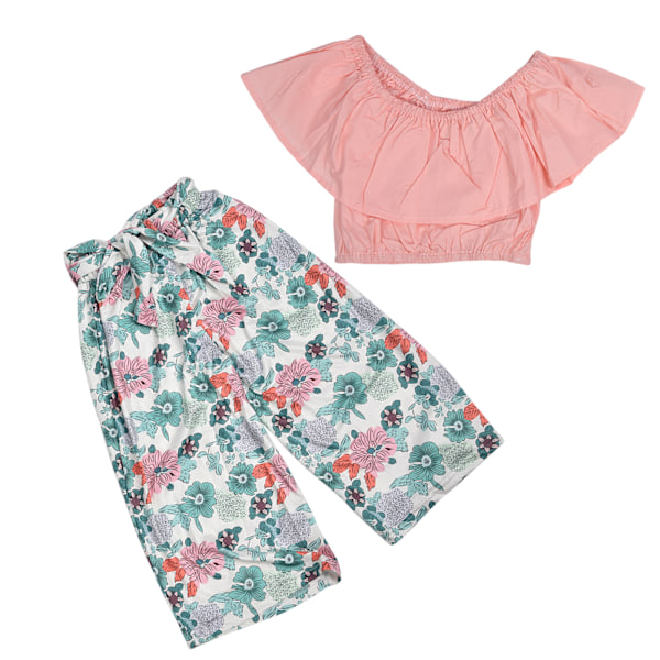 2 stk jentesommerantrekk fasjonabel offshoulder topp belte blomsterbukse babyklærsett (rosa 110 cm)