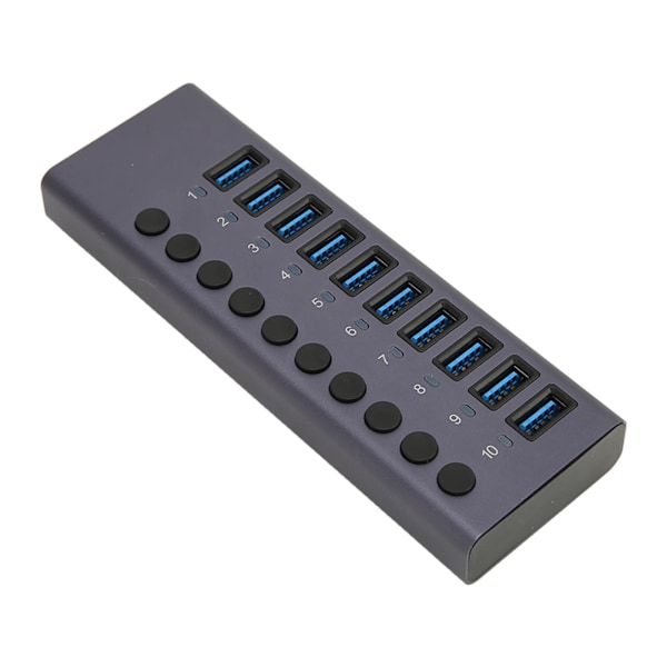 Strömdriven USB-hubb 10 portar individuell switch aluminiumlegering 5 Gbps överföring USB 3.0-hubb för PC bärbar dator HDD 100-240 V EU-kontakt