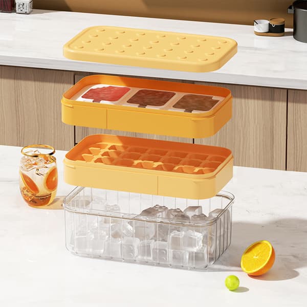 Isterningebakke 2 i 1 Multifunktionel Silikone Isstav Maker Form med Opbevaringsboks Orange