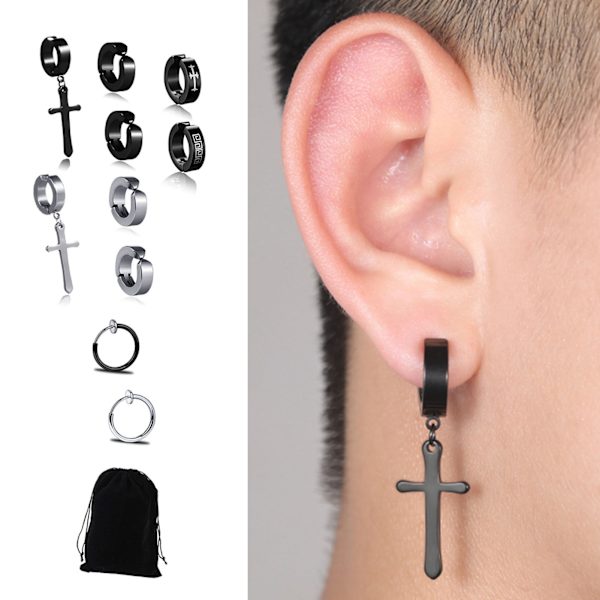 10 stk Cross Ear Clip Titanium Stål Mænd Rock Style Clip On Hoop øreringe individuelt pakket letvægts moderigtigt ørering