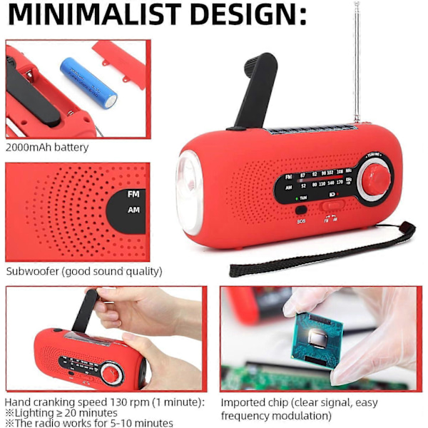 Punainen kannettava aurinkoradio, dynamoradio, aurinkoradio SOS-hälytyksellä hätätilanteisiin, pieni radio, IPX3-vesitiivis radio, AM/FM-kampi radio, taskulamppu,