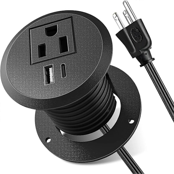 Skrivebord Strømgjennomføring, 2-tommers Skrivebord Strømgjennomføring Utløp, Innfelt Strømskinne Utløp med 1 USB og 1 Type-C, 20W PD Hurtiglading for Skrivebord, Kjøkken,