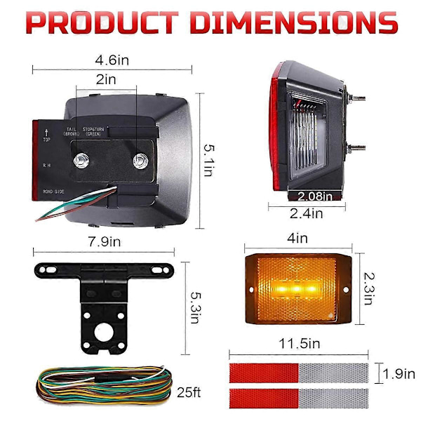 12V Firkantet LED Trailer Lys Kit, IP68 Markeringslys til Nummerplade