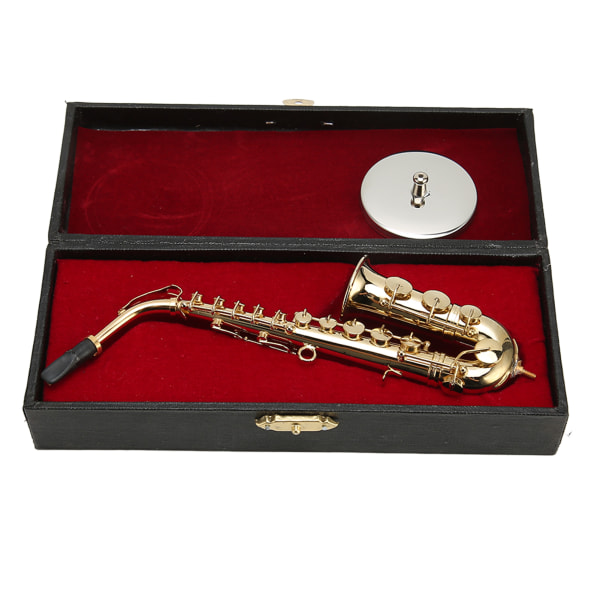 Mini altsaxofon prydnadsdekoration Handgjord miniatyrsaxofon med stativ Tiny altsaxofon dockhus 16 cm