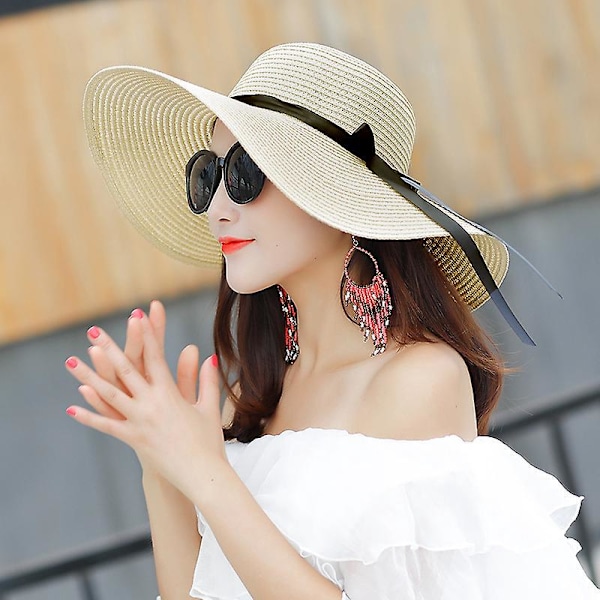 Stylish Beige Wide Brim Straw Hat for Women - UPF 50+ Protection