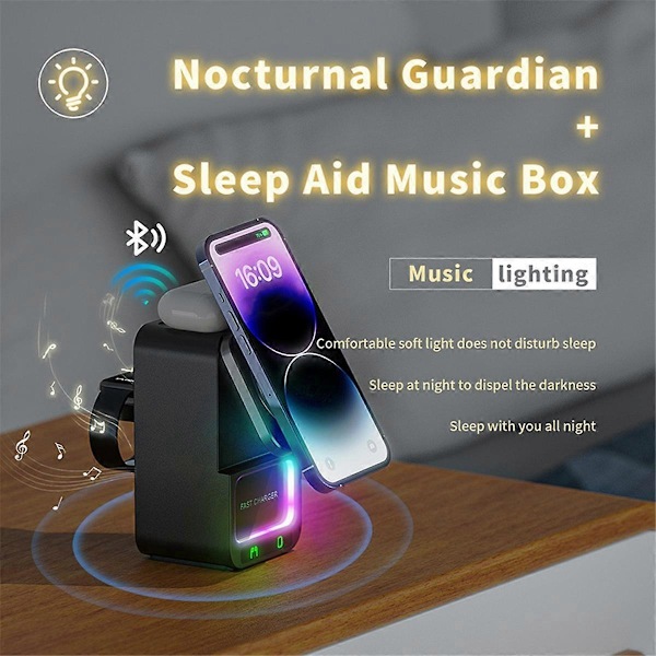15W 5 i 1 Lader Magnetiske Nattlamper Bluetooth Høyttaler Svart