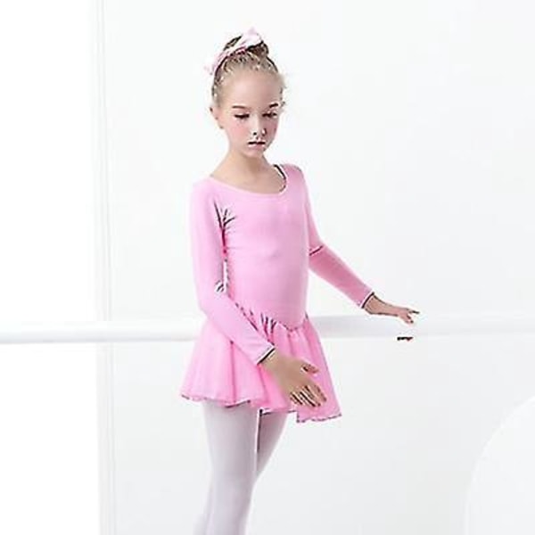 Girls' Ballet Dress with Chiffon Skirt and Bowknot, Pink Long Sleeve, Height 110-120cm